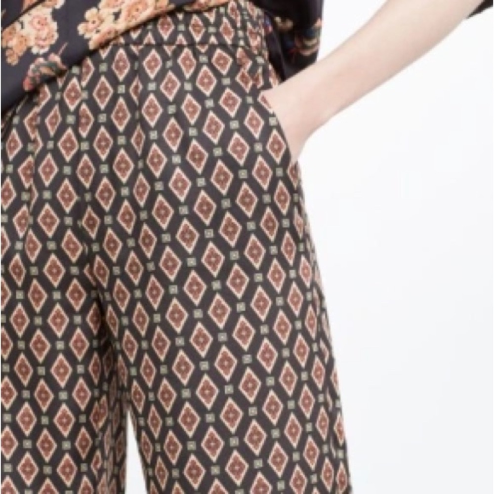 ZARA Patterned Wide-Leg Jumpsuit Pants — Brown Geo Print